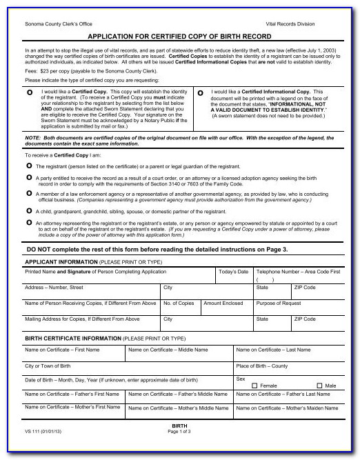 Sonoma County Clerk's Office Birth Certificate