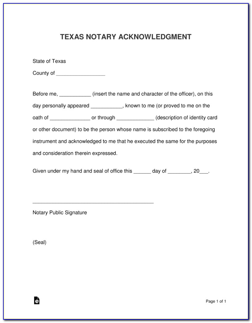 Texas Notary Certificate Of Acknowledgement Short Form