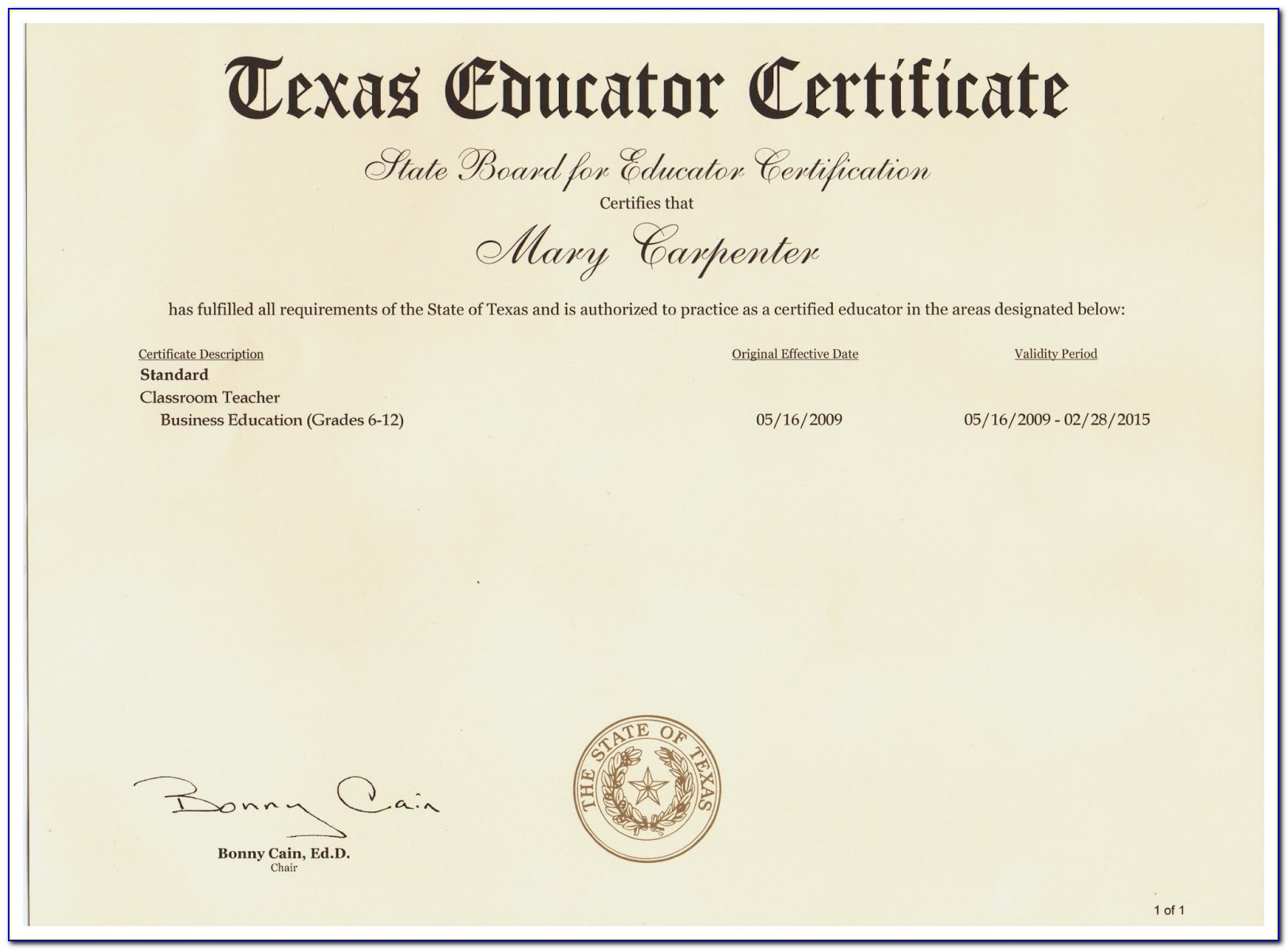 Texas State Certification Request