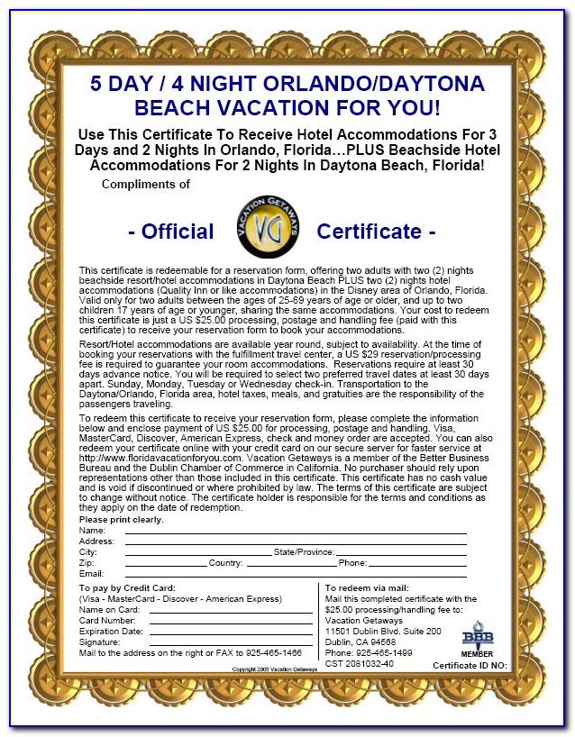 Vacation Getaways Certificate