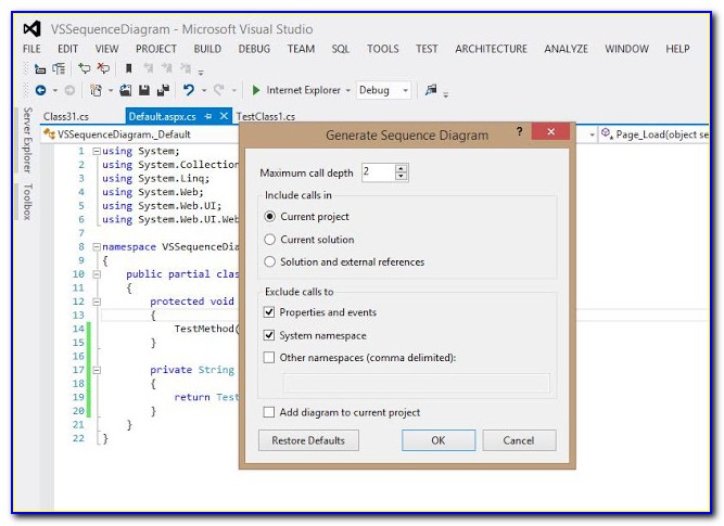Generate Sequence Diagram Visual Studio 2017
