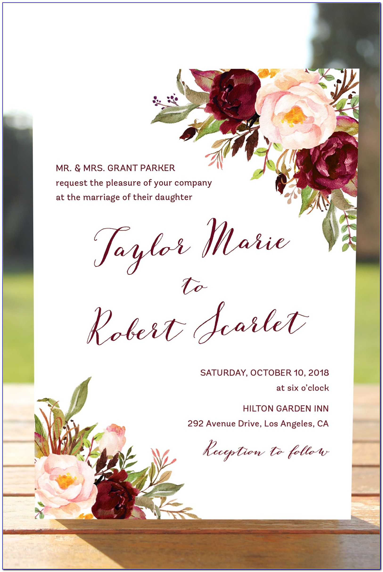 Burgundy And Blush Floral Wedding Invitations