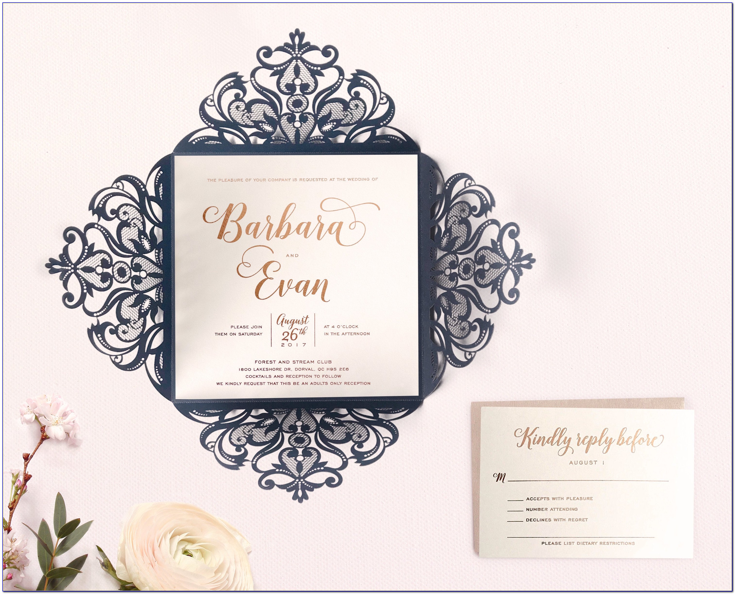 Elegant Wedding Invitations Rose Gold Foil Stamped