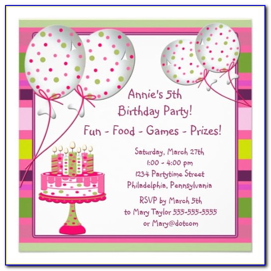 Girl 5th Birthday Party Invitation Wording