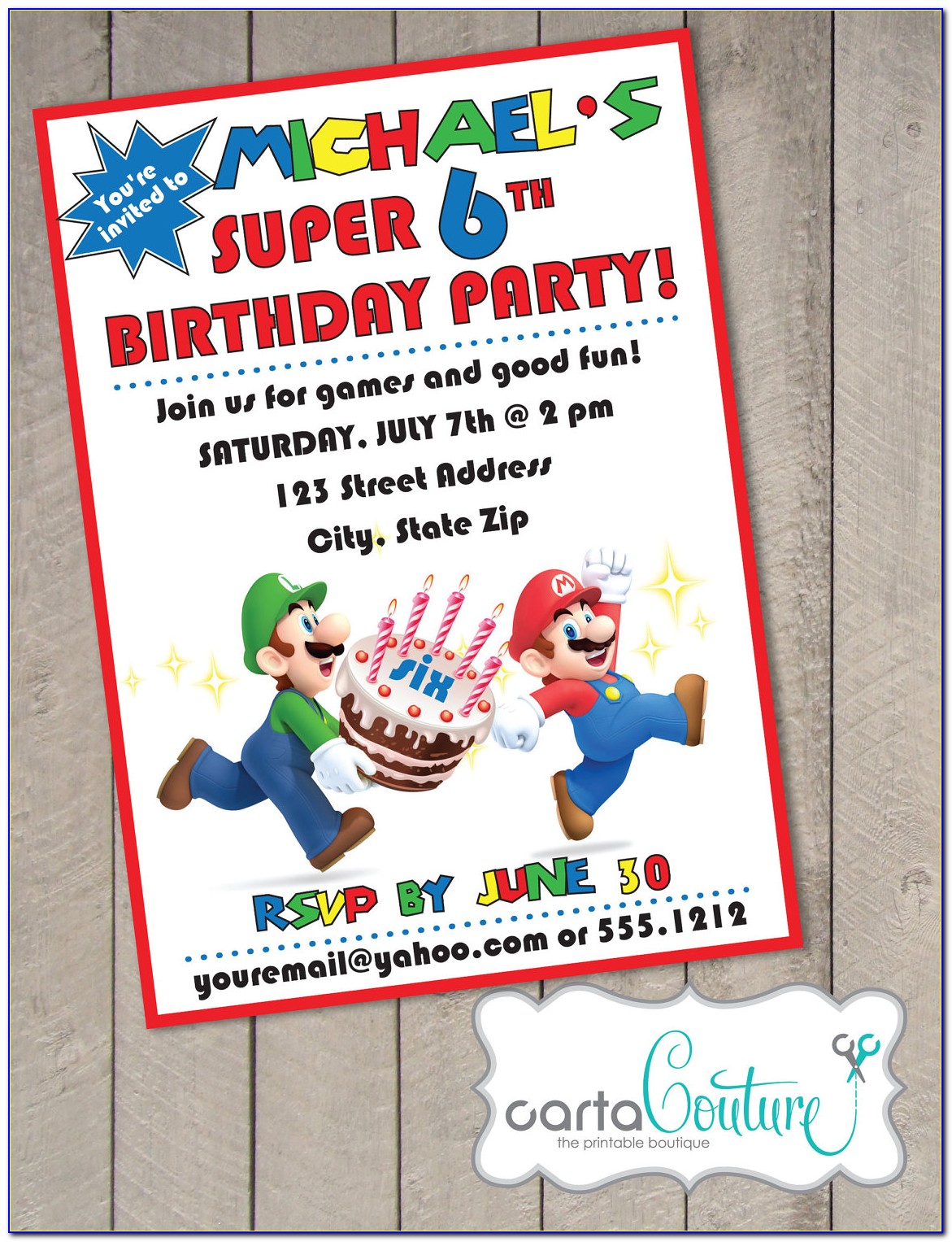 Personalized Super Mario Birthday Invitations