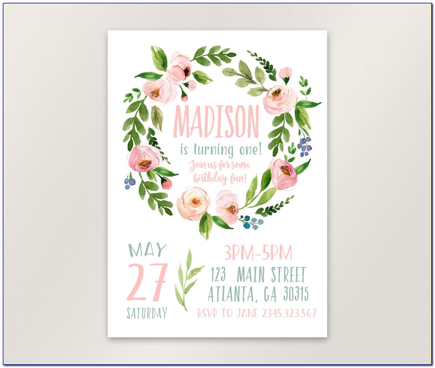 Printable Floral First Birthday Invitations