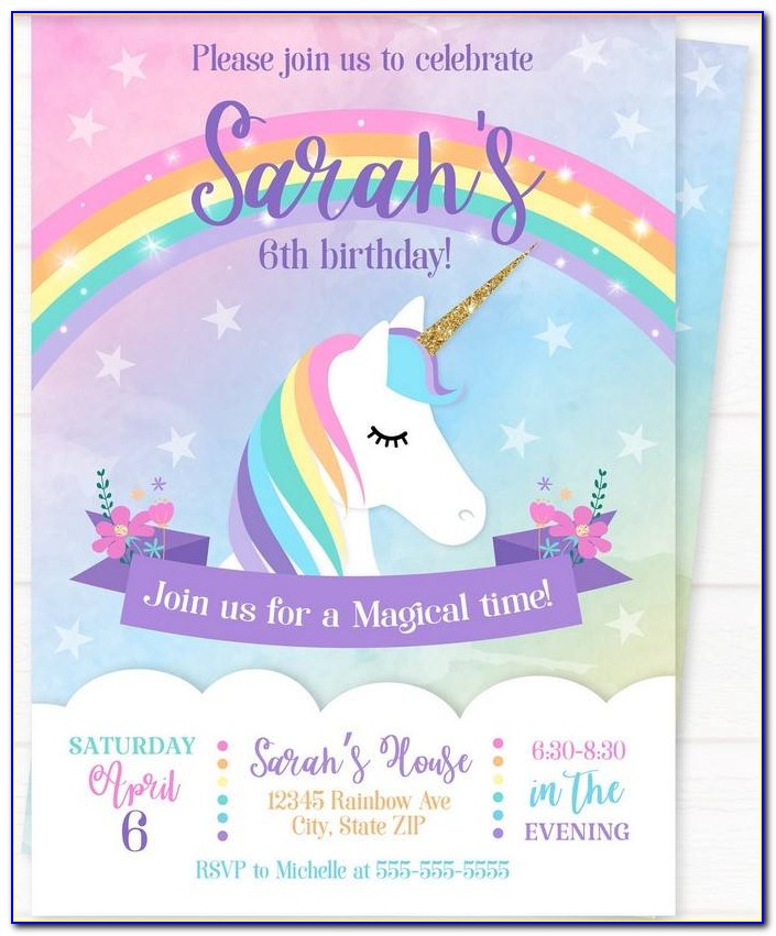 Rainbow Unicorn Birthday Party Invitations