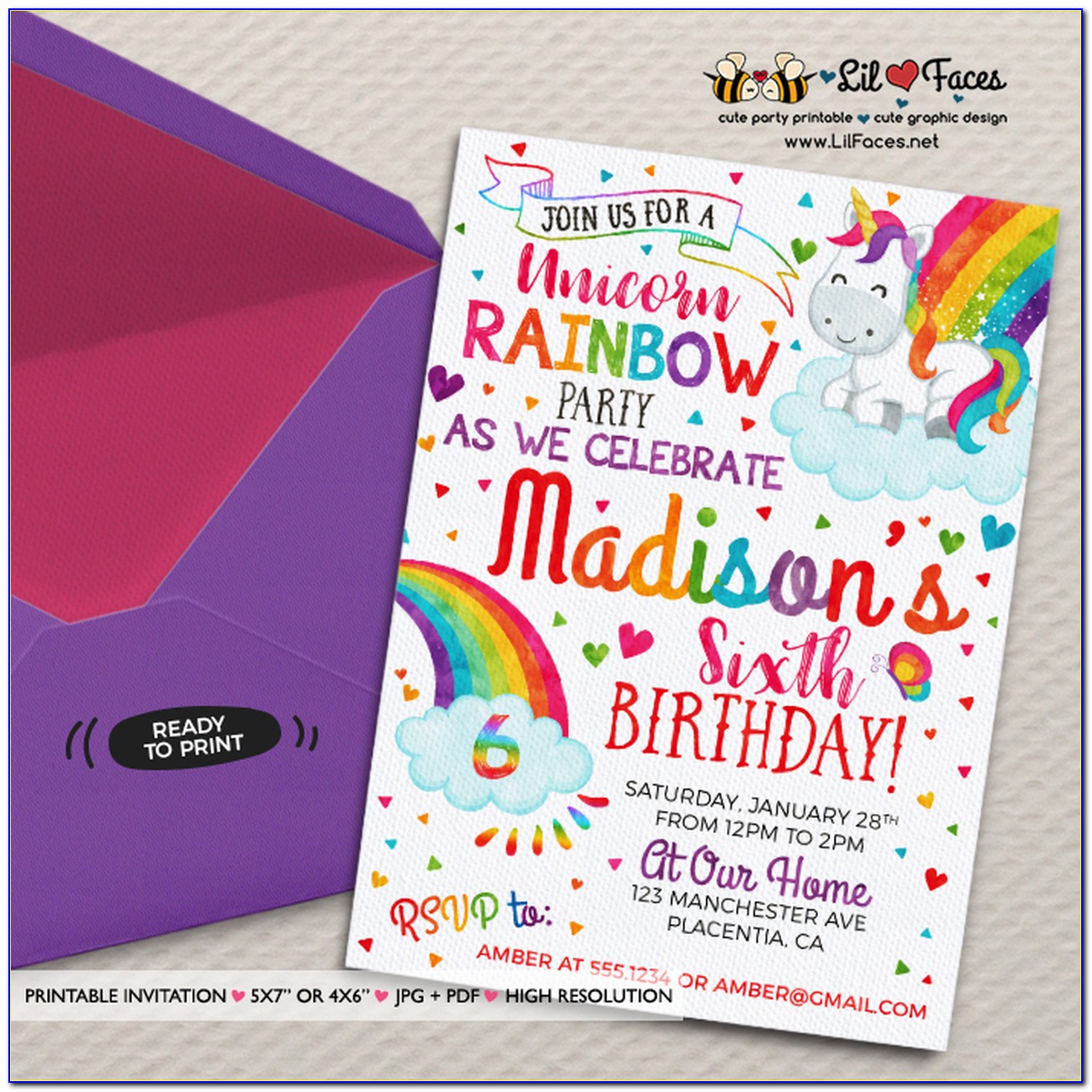 Rainbow Unicorn Party Invitations Printable