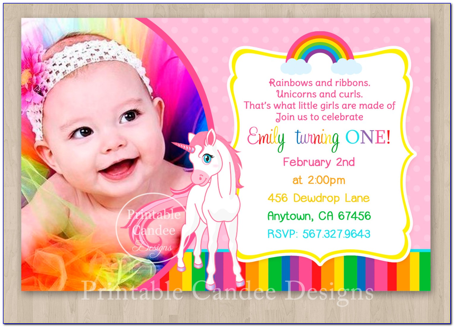 Rainbow Unicorn Photo Invitations