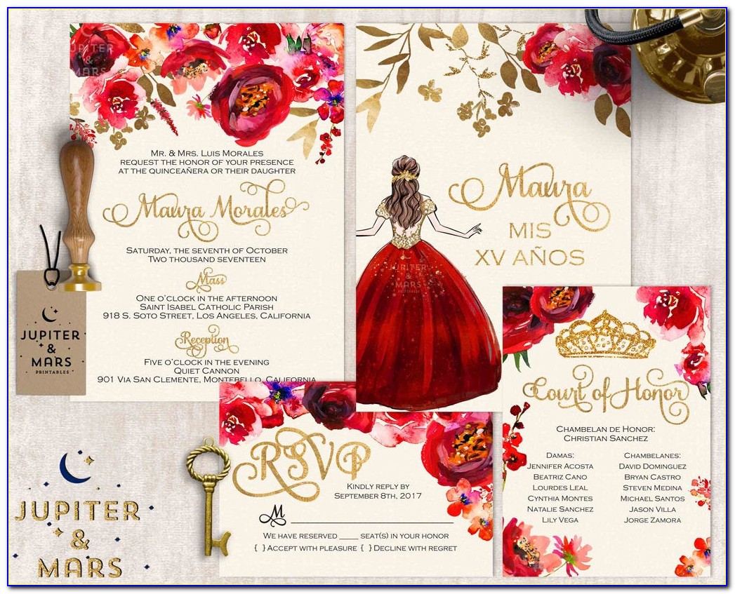 Red And Gold Quinceanera Invitations