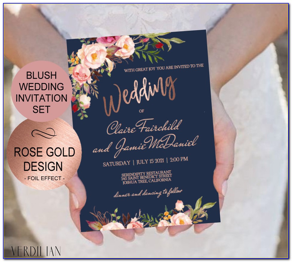Rose Gold And Blue Wedding Invitations