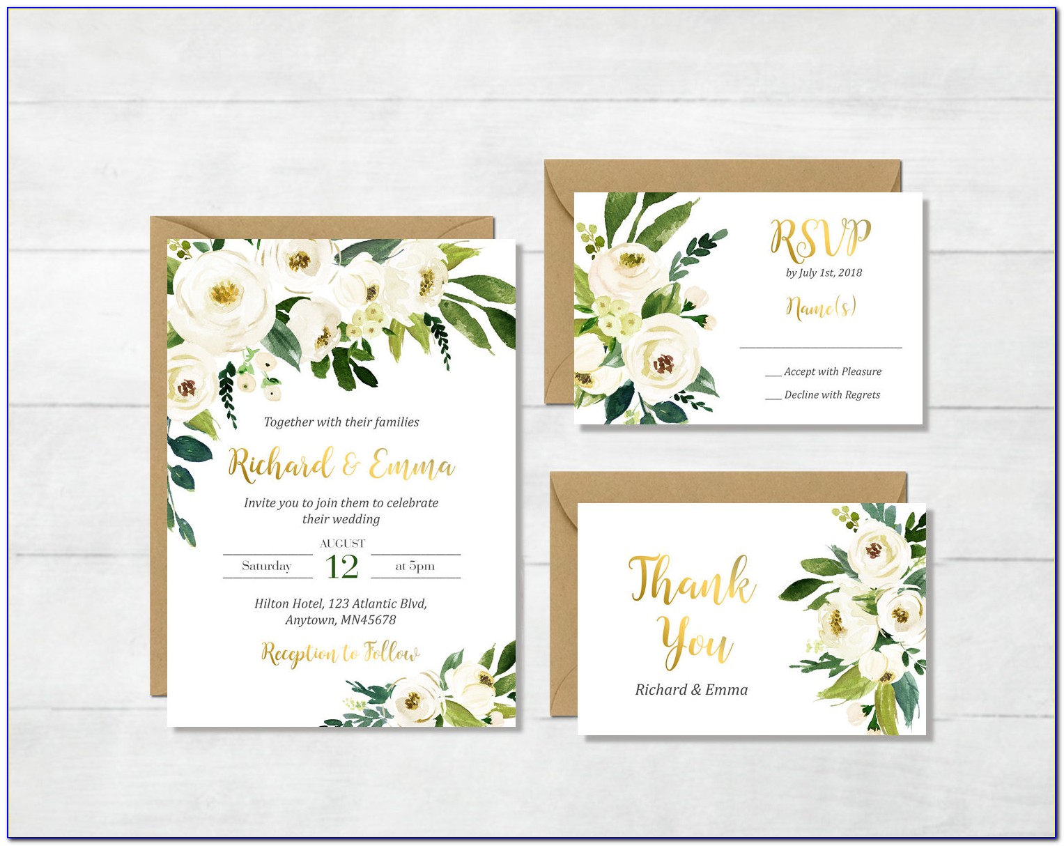 White Green And Gold Wedding Invitations