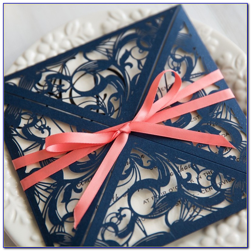 Coral And Navy Blue Wedding Invitations
