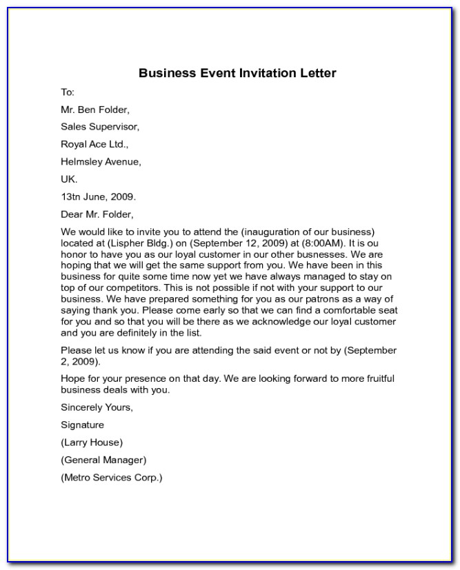 Corporate Event Invitation Letter Sample