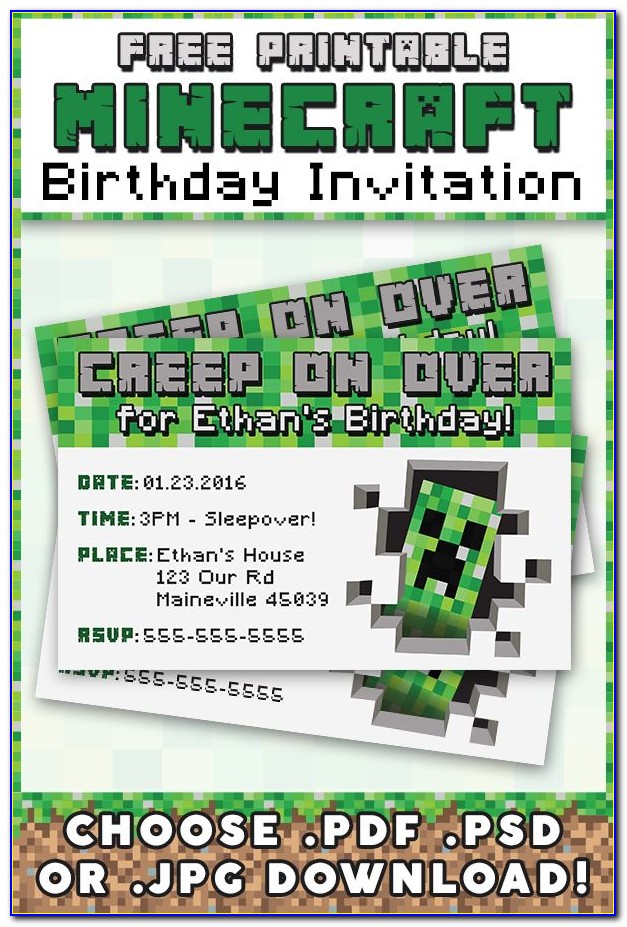 Downloadable Free Personalized Minecraft Birthday Invitations
