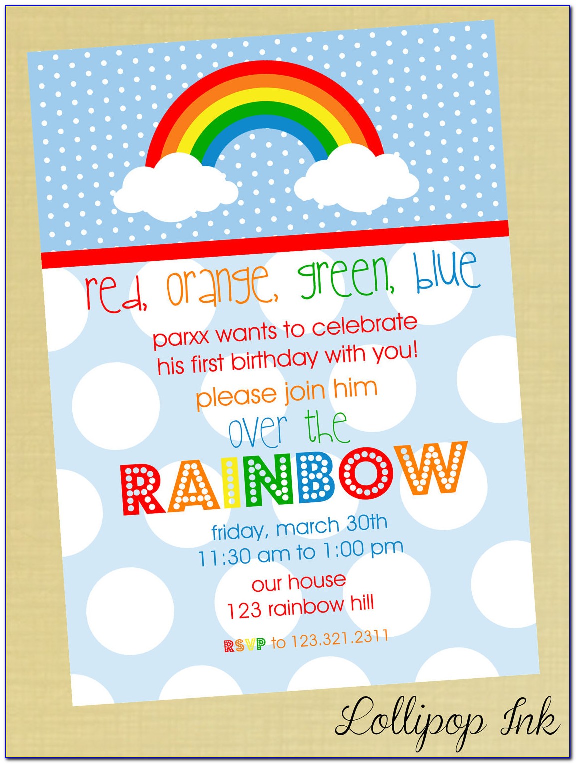 Rainbow Themed 1st Birthday Invitations