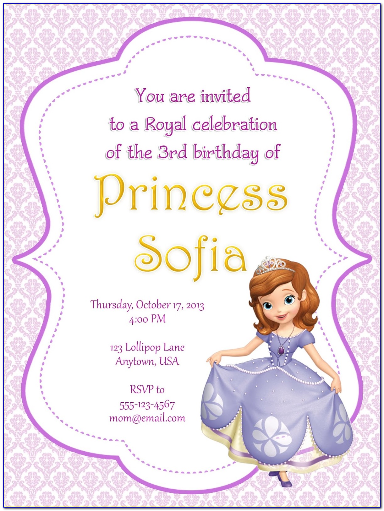 Sofia The First Invitation Template Editable Free