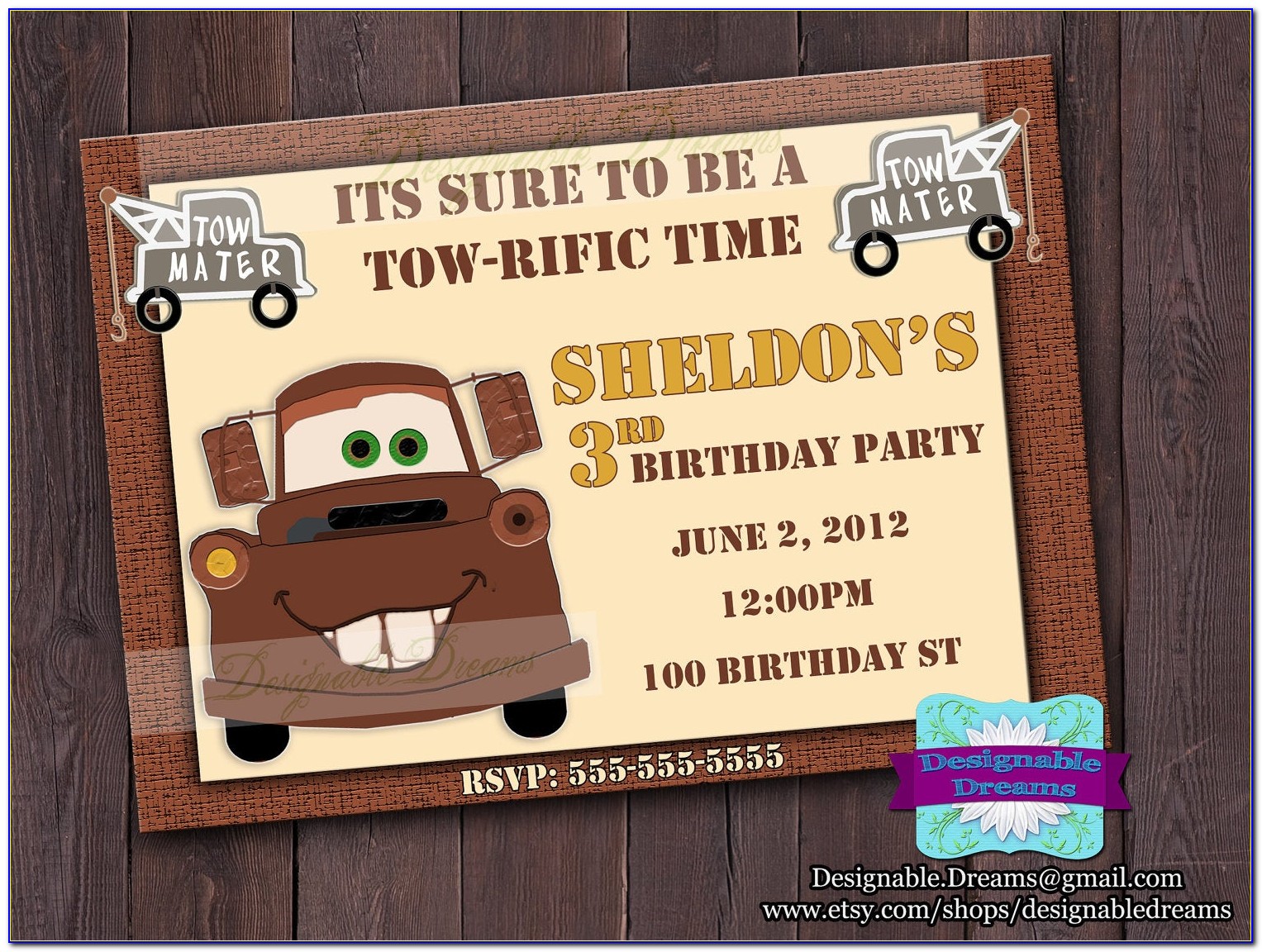 Tow Mater Birthday Invitations