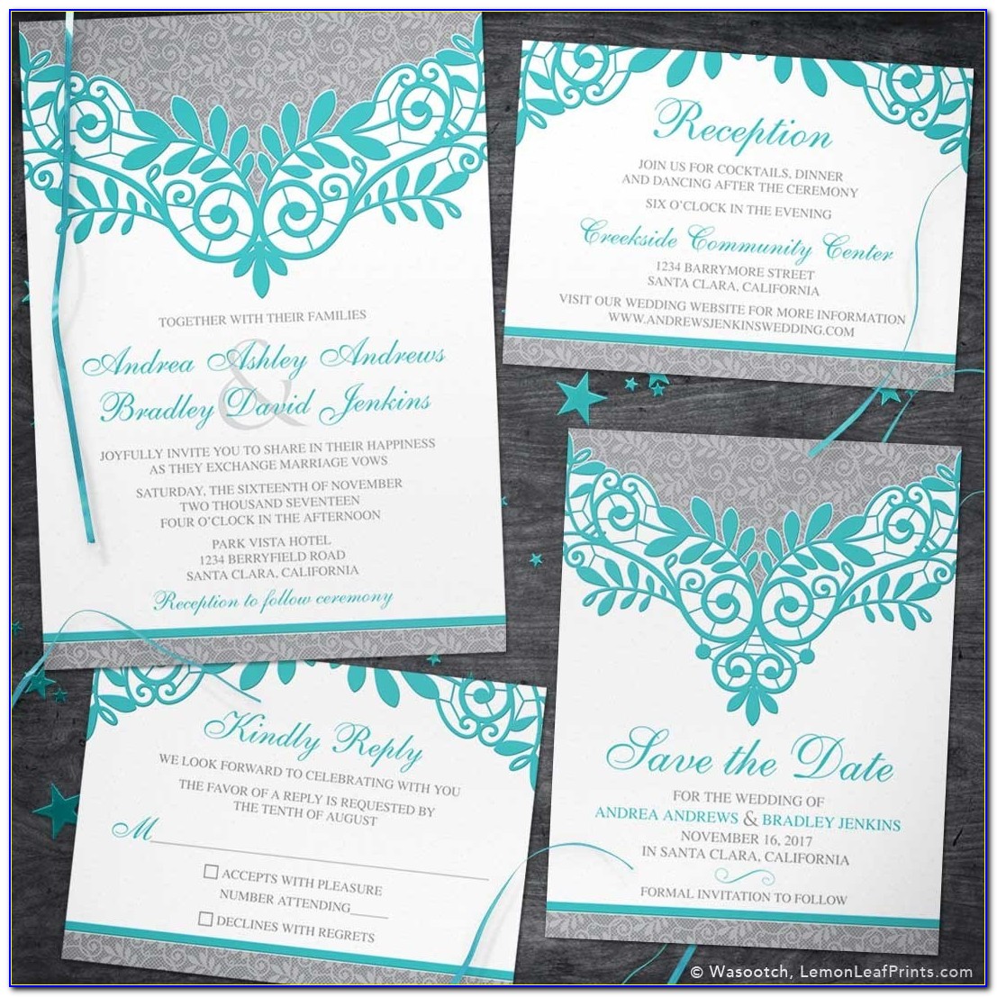 Aqua And Silver Wedding Invitations