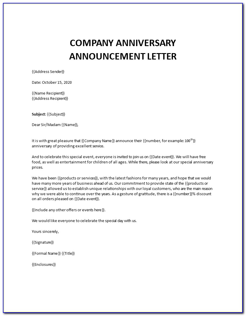 Company Anniversary Dinner Invitation Letter