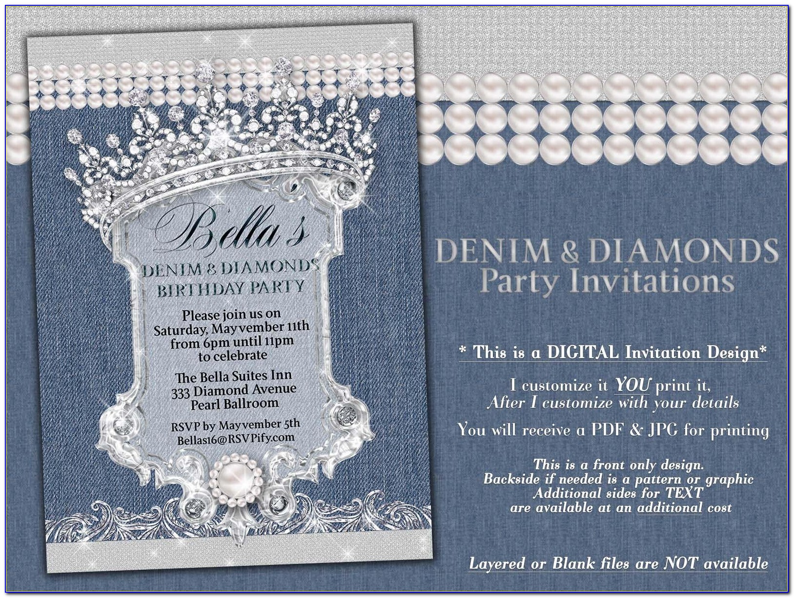 Denim And Diamond Birthday Party Invitations