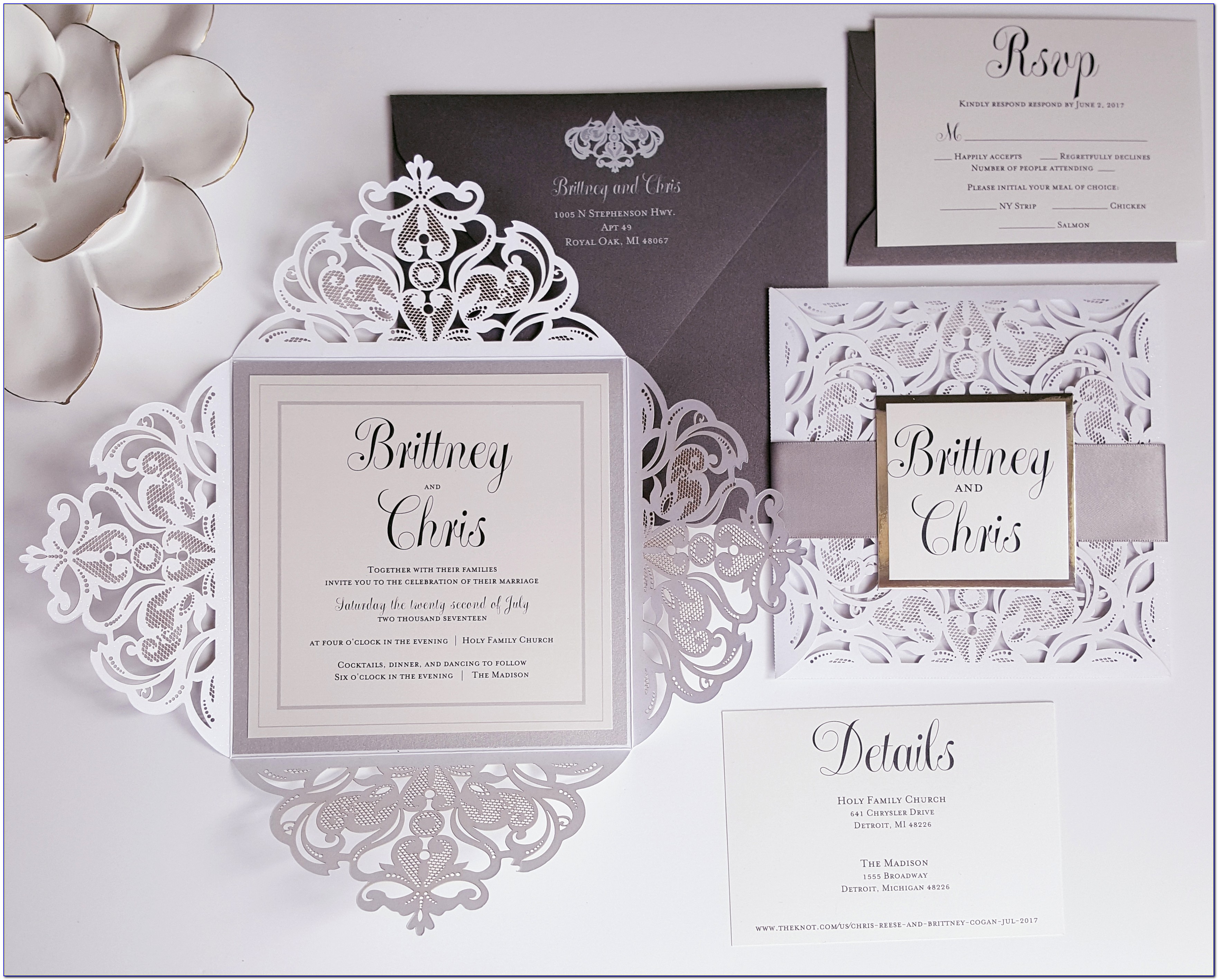Elegant Silver And White Wedding Invitations