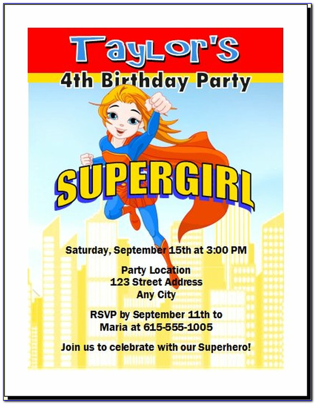 Free Printable Supergirl Birthday Invitations