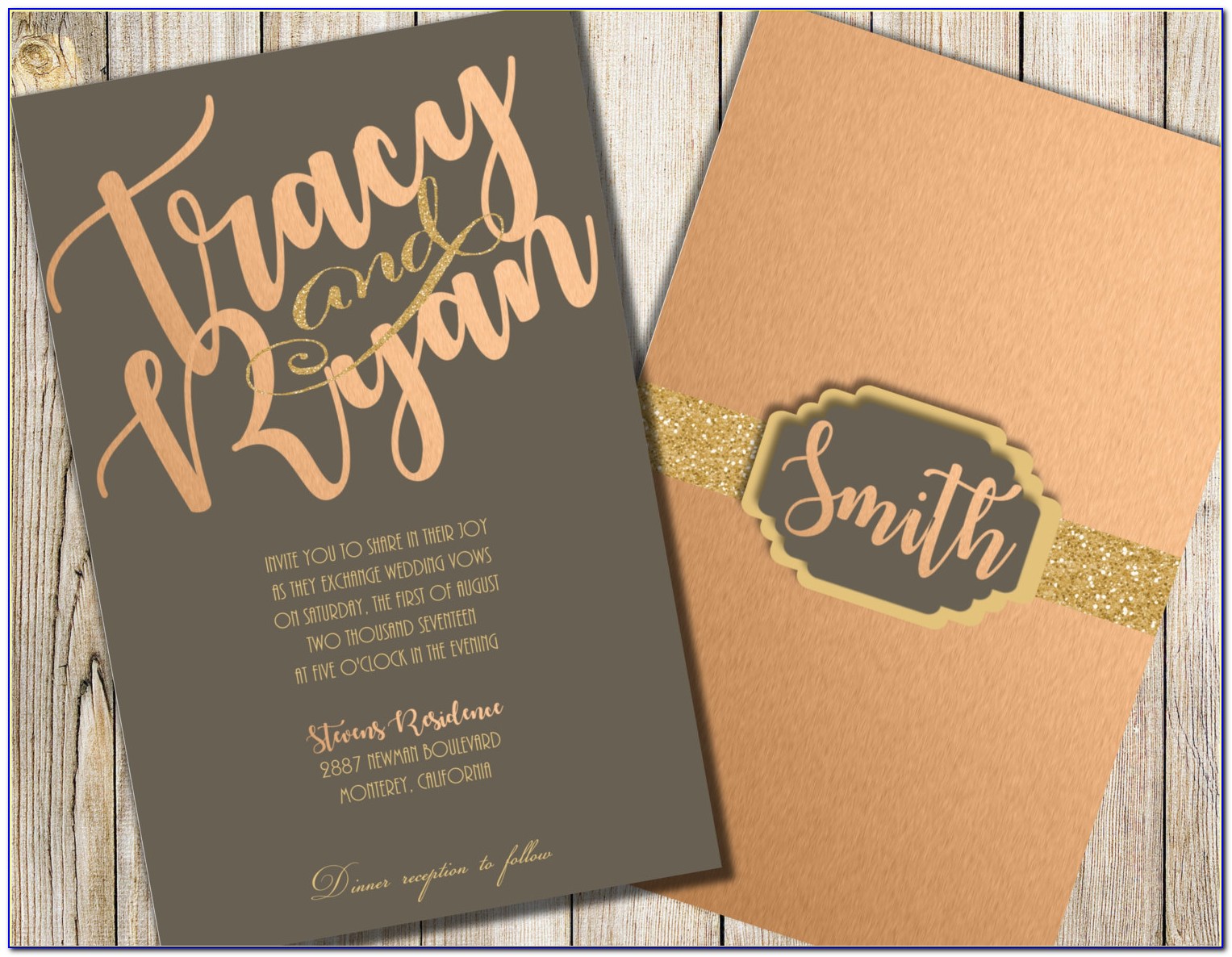 Grey And Rose Gold Wedding Invitations