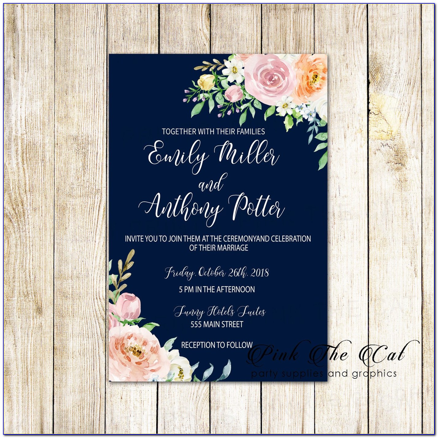 Navy Blue And Hot Pink Wedding Invitations