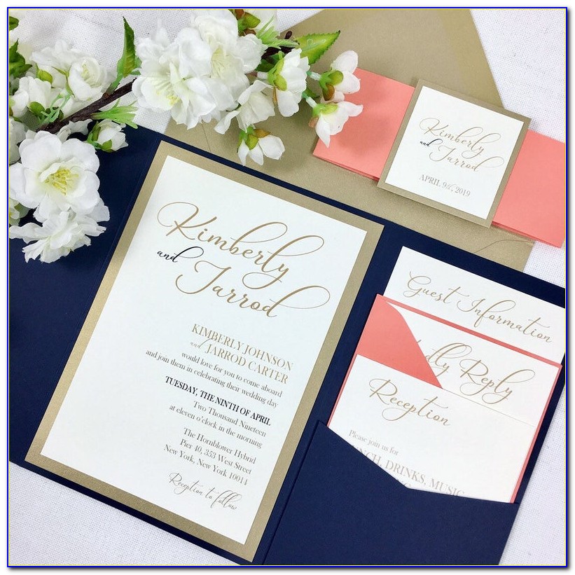 Navy White And Gold Wedding Invitations