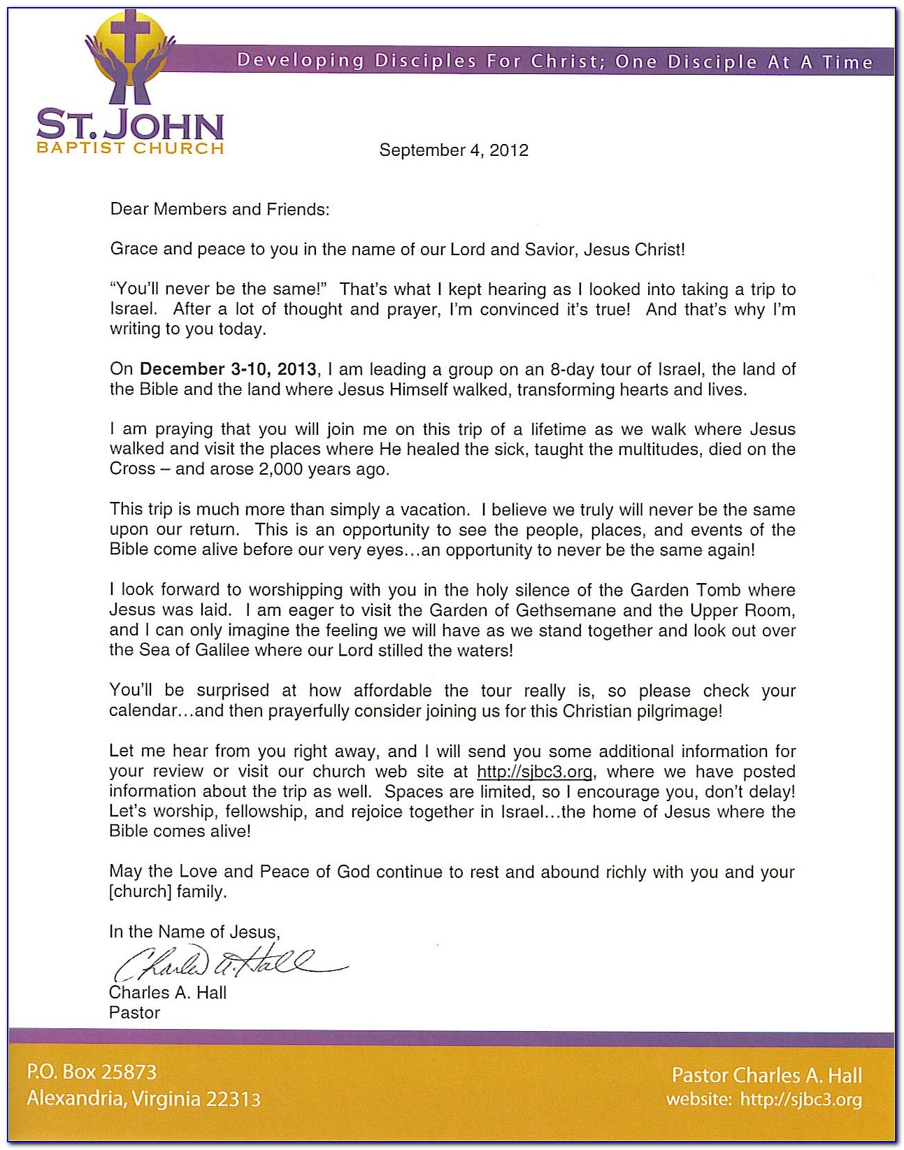 Sample Church Anniversary Invitation Letter