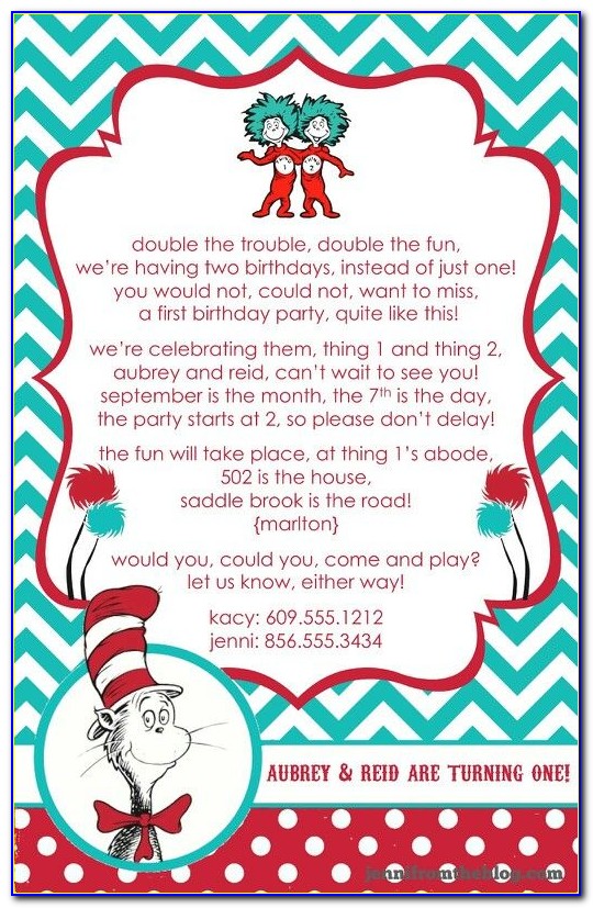 Thing 1 And Thing 2 First Birthday Invitations