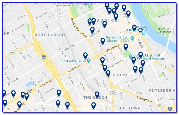 Map Of Downtown Nashville Bars And Restaurants And Hotels