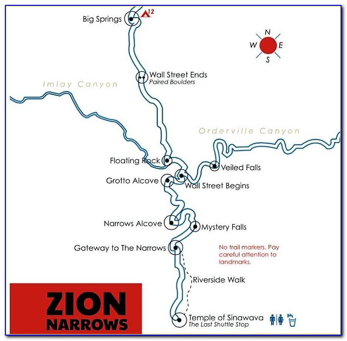 Zion Narrows Bottom Up Hike Map