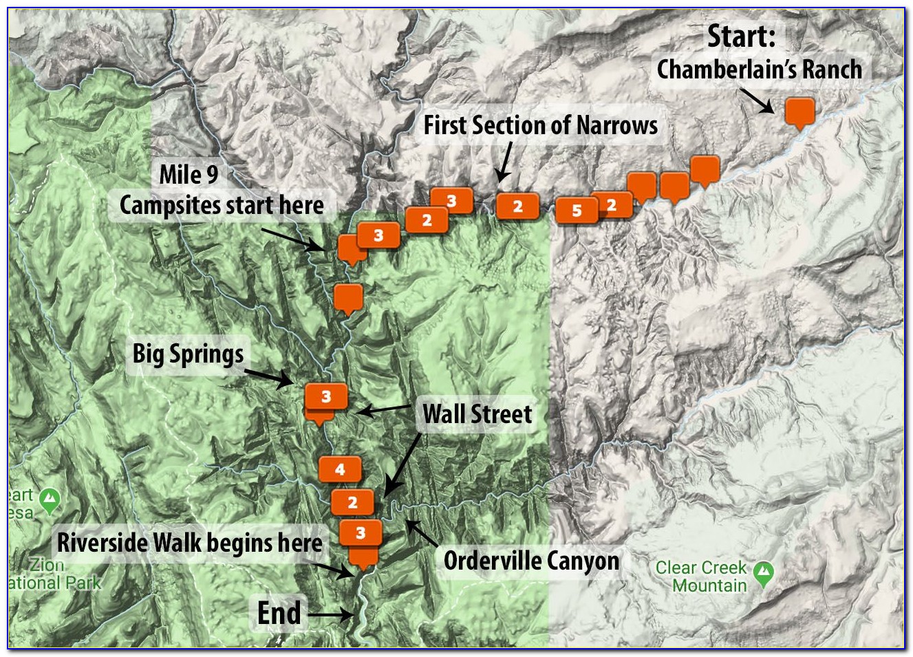 Zion Narrows Top Down Hike Map